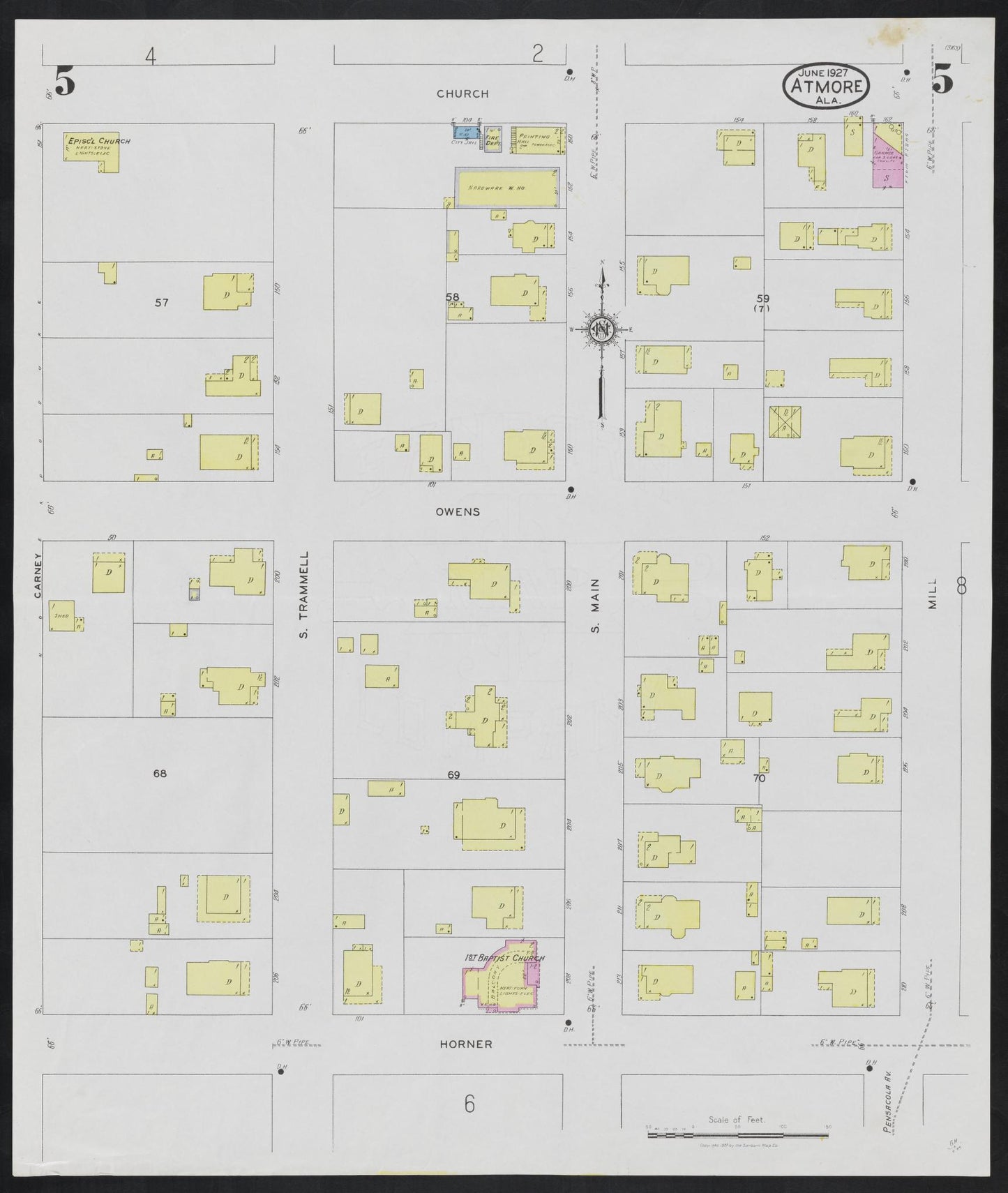 Sanborn Fire Insurance Map from Atmore, Escambia County, Alabama (1927), Sheet #0005 - Complete Map Set gallery image, historic Sanborn map, vintage wall art, Alabama Alabama