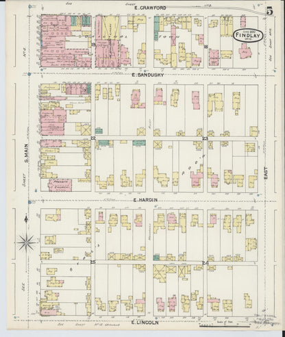 Sanborn Fire Insurance Map from Findlay, Hancock County, Ohio (1890), Sheet #0005 - Historic Sanborn Fire Insurance Map Print, vintage old map wall art, antique decor, genealogy gift, Ohio Ohio map
