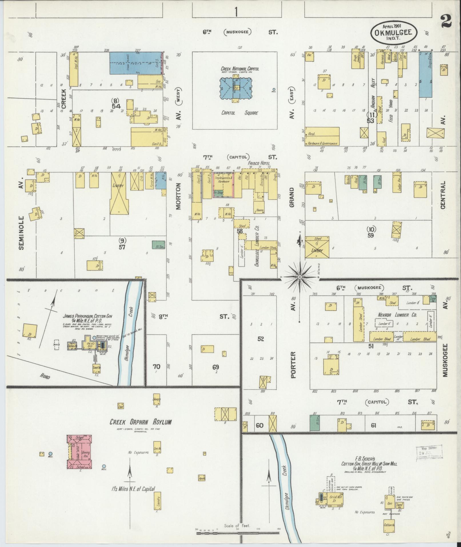 Sanborn Fire Insurance Map from Okmulgee, Okmulgee County, Oklahoma (1901), Sheet #0002 - Complete Map Set gallery image, historic Sanborn map, vintage wall art, Oklahoma Oklahoma