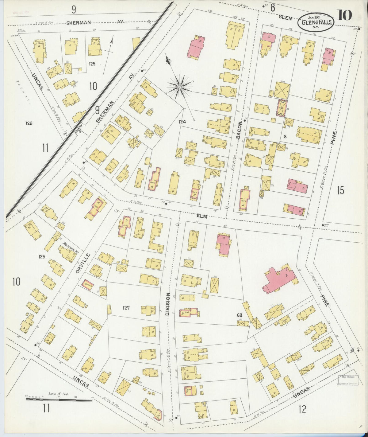 Sanborn Fire Insurance Map from Glens Falls, Warren County, New York (1901), Sheet #0010 - Historic Sanborn Fire Insurance Map Print, vintage old map wall art, antique decor, genealogy gift, New York New York map