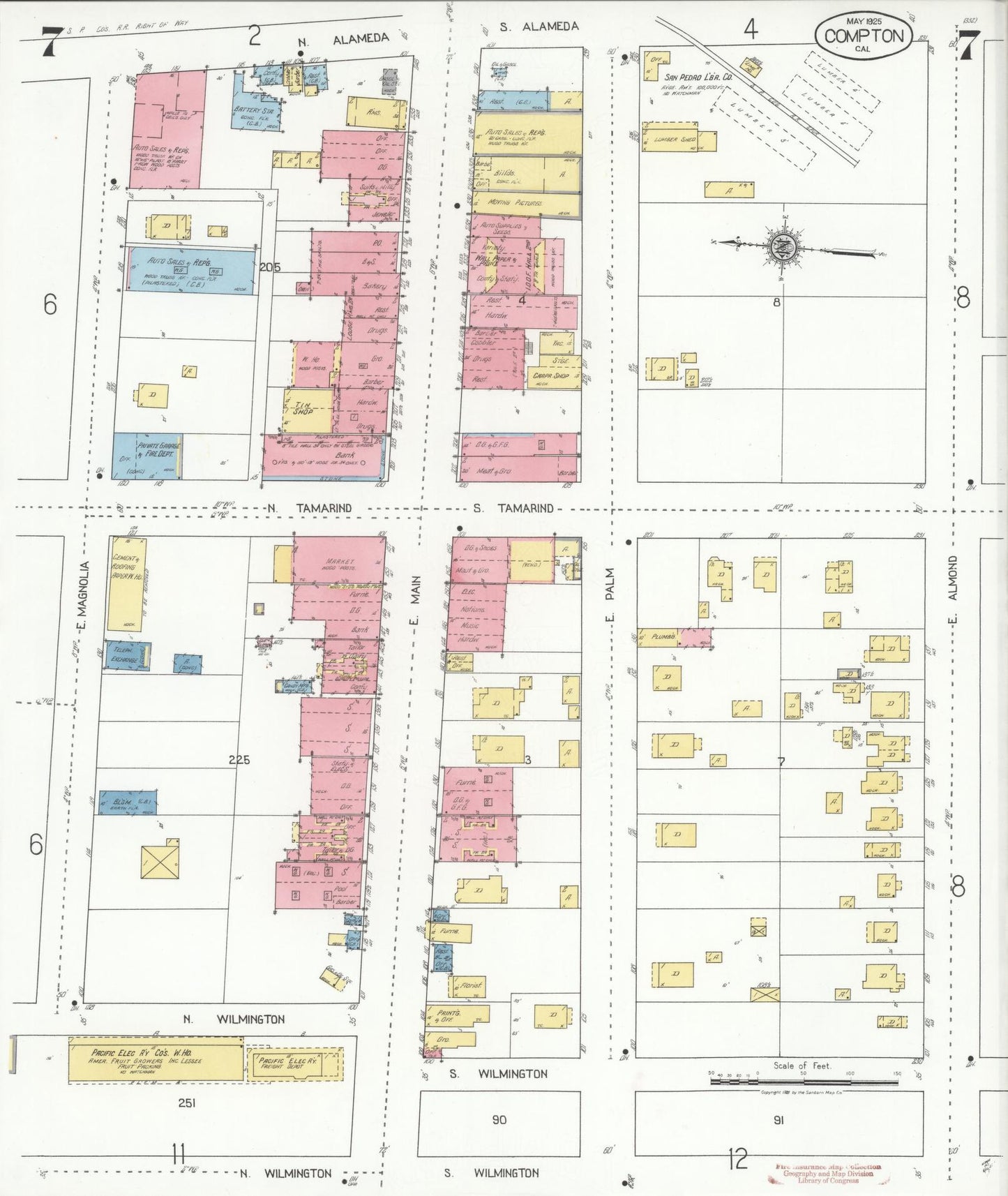Sanborn Fire Insurance Map from Compton, Los Angeles County, California (1925), Sheet #0007 - Complete Map Set gallery image, historic Sanborn map, vintage wall art, California California