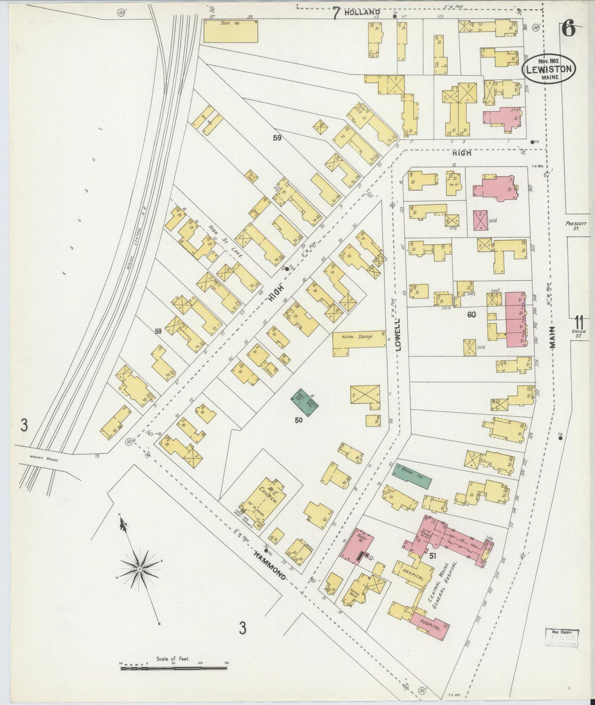 Sanborn Fire Insurance Map from Lewiston, Androscoggin County, Maine (1902), Sheet #0006 - Complete Map Set gallery image, historic Sanborn map, vintage wall art, Maine Maine