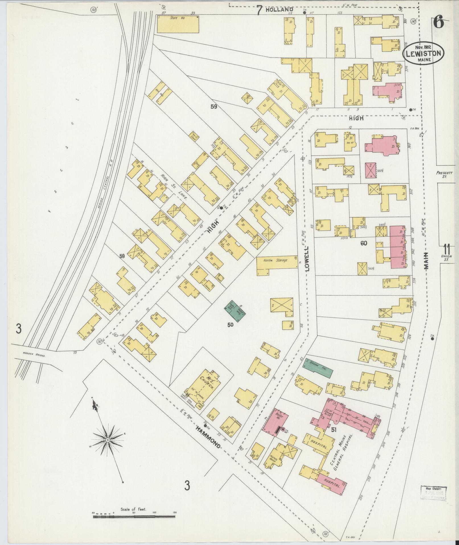Sanborn Fire Insurance Map from Lewiston, Androscoggin County, Maine (1902), Sheet #0006 - Complete Map Set gallery image, historic Sanborn map, vintage wall art, Maine Maine