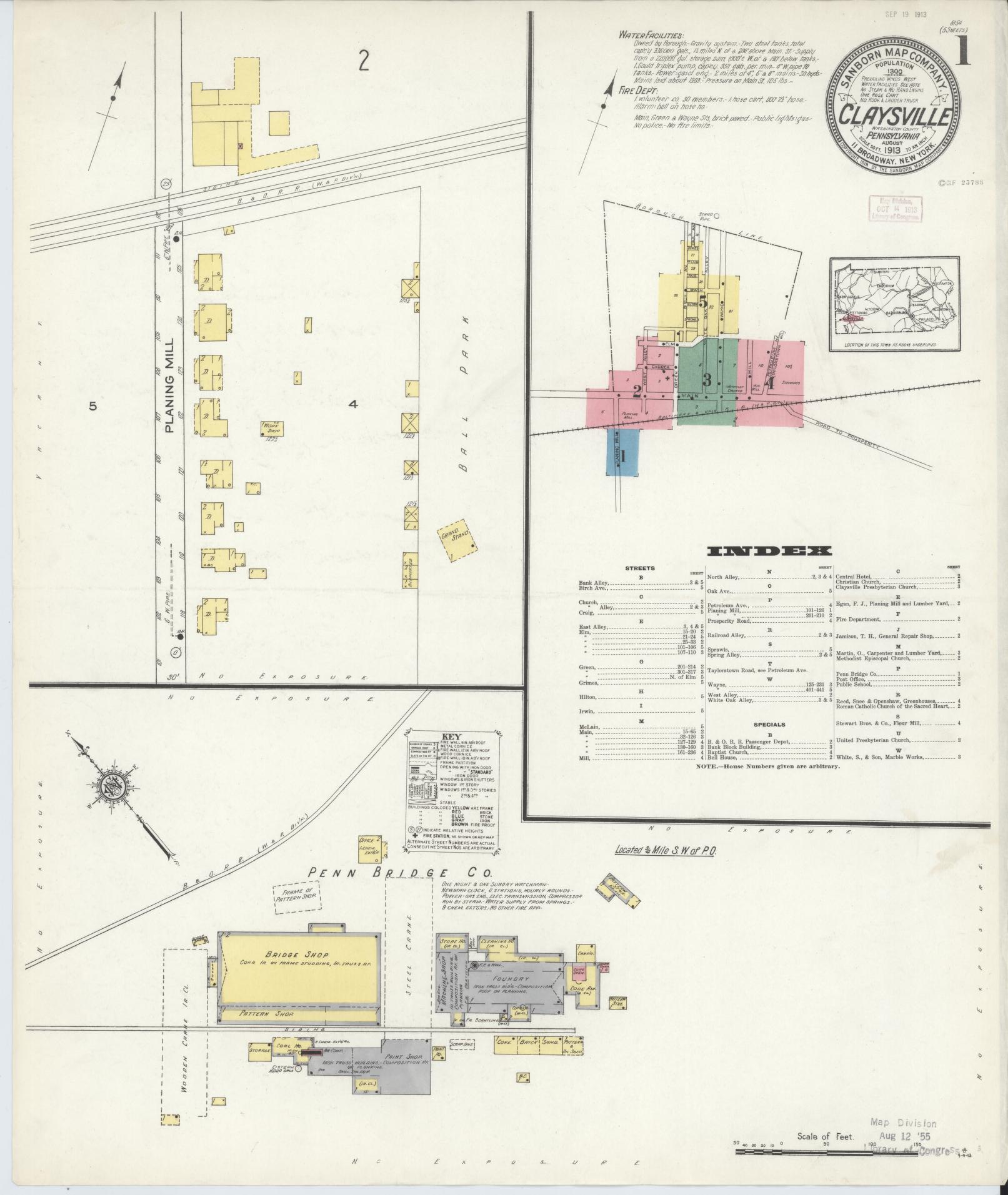 Sanborn Fire Insurance Map from Claysville, Washington County, Pennsylvania (1913), Sheet #0001 - Historic Sanborn Fire Insurance Map Print, vintage old map wall art, antique decor, genealogy gift, Pennsylvania Pennsylvania map
