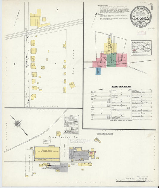 Sanborn Fire Insurance Map from Claysville, Washington County, Pennsylvania (1913), Sheet #0001 - Historic Sanborn Fire Insurance Map Print, vintage old map wall art, antique decor, genealogy gift, Pennsylvania Pennsylvania map