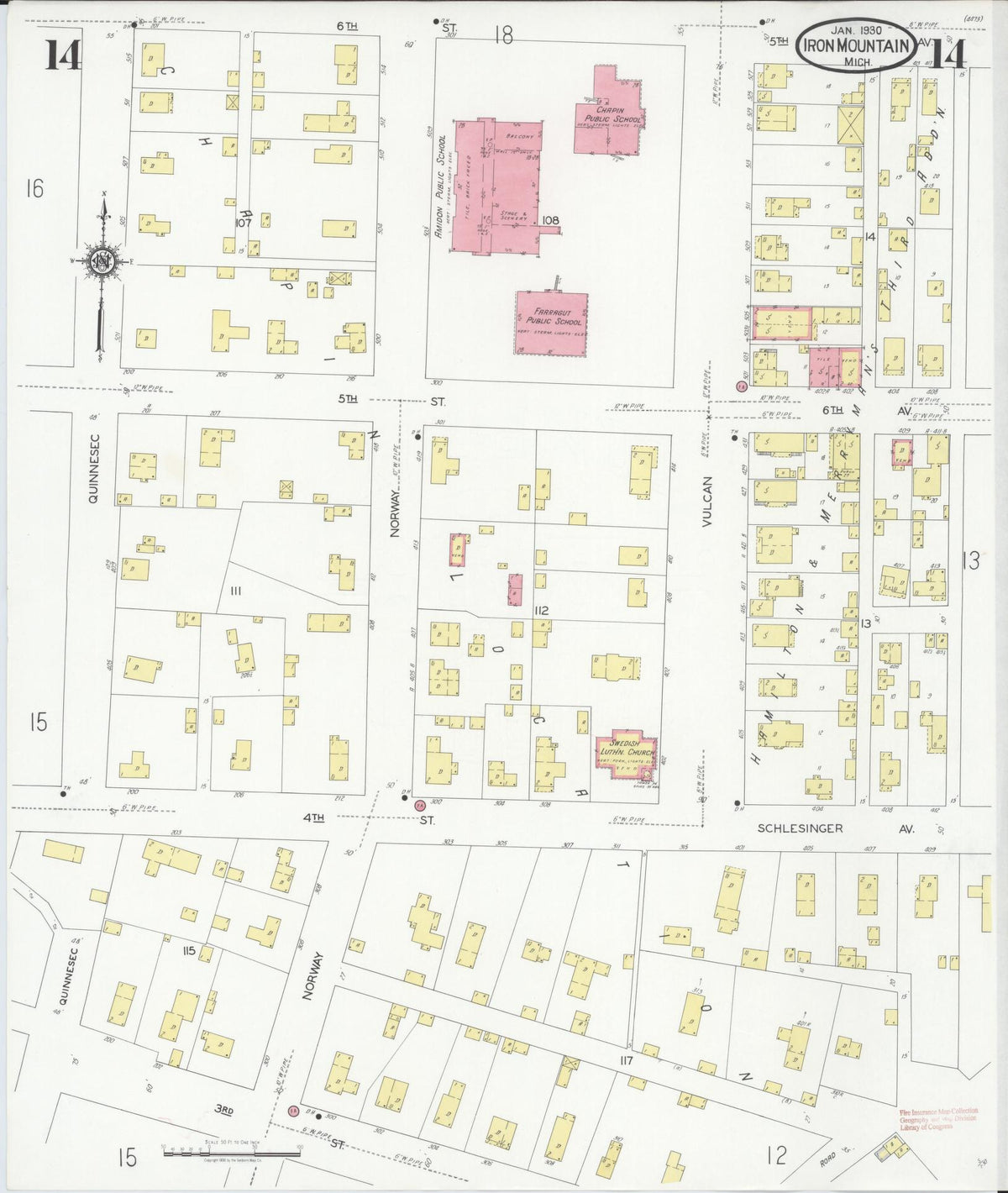 Sanborn Fire Insurance Map from Iron Mountain, Dickinson County, Michigan (1930), Sheet #0014 - Historic Sanborn Fire Insurance Map Print, vintage old map wall art, antique decor, genealogy gift, Michigan Michigan map