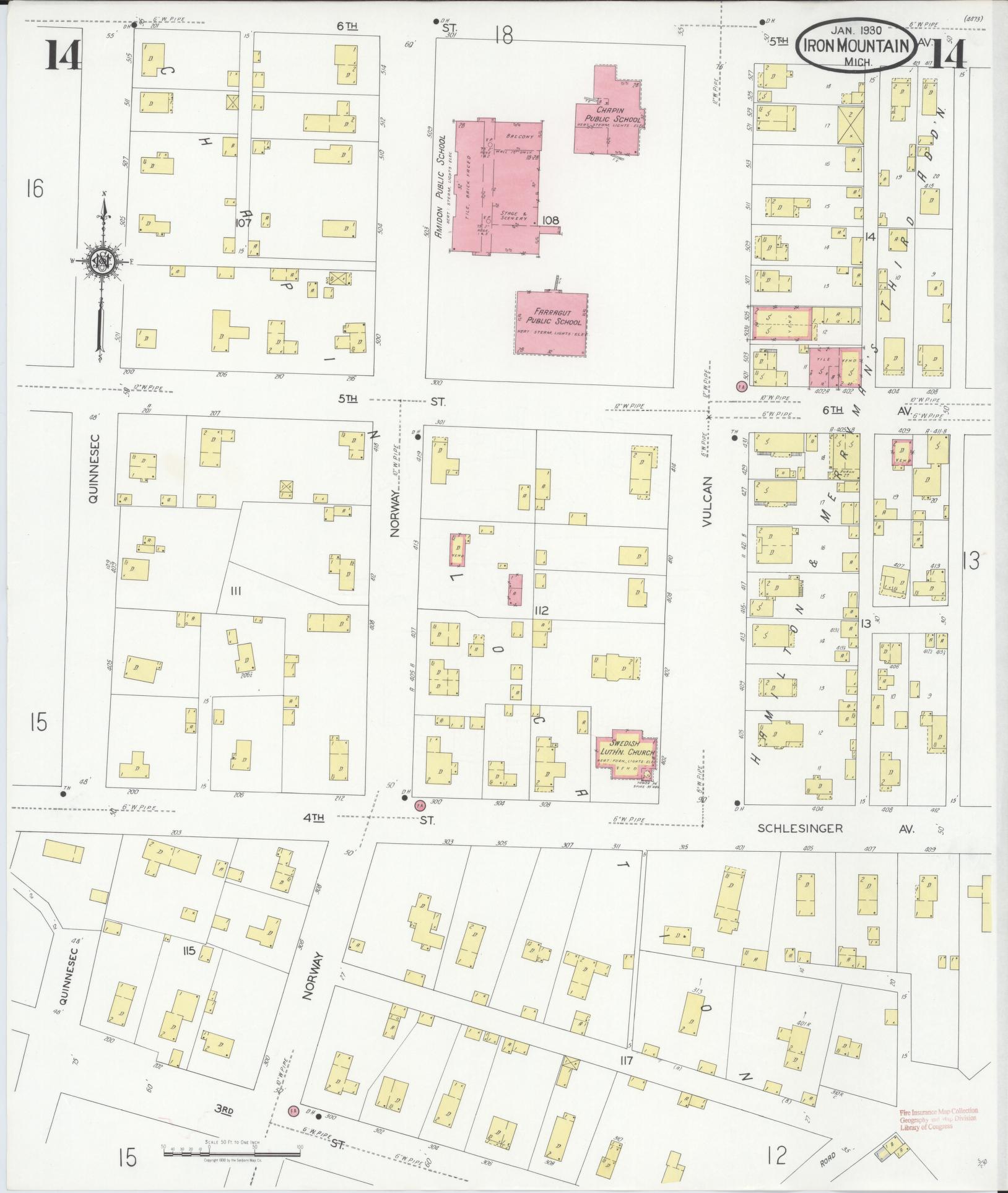 Sanborn Fire Insurance Map from Iron Mountain, Dickinson County, Michigan (1930), Sheet #0014 - Historic Sanborn Fire Insurance Map Print, vintage old map wall art, antique decor, genealogy gift, Michigan Michigan map