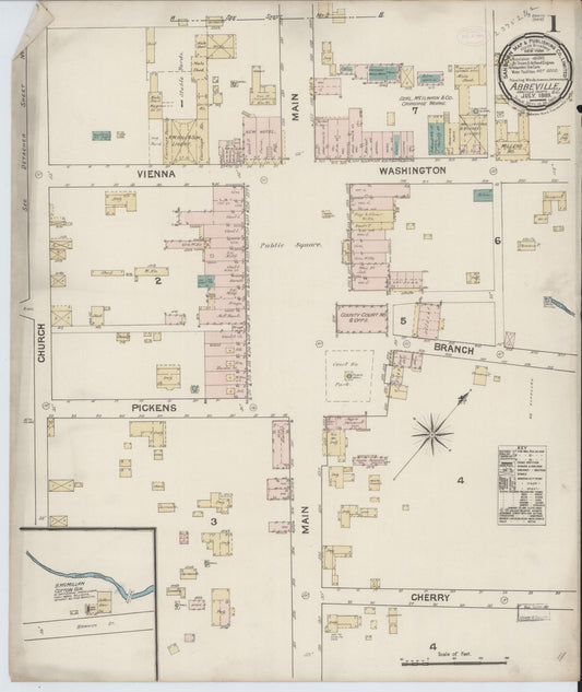 Sanborn Fire Insurance Map from Abbeville, Abbeville County, South Carolina (1889), Sheet #0001 - Complete Map Set gallery image, historic Sanborn map, vintage wall art, South Carolina South Carolina