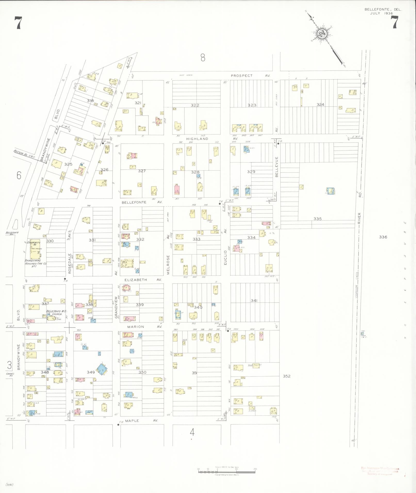 Sanborn Fire Insurance Map from Bellefonte, New Castle County, Delaware (1936), Sheet #0007 - Historic Sanborn Fire Insurance Map Print, vintage old map wall art, antique decor, genealogy gift, Delaware Delaware map