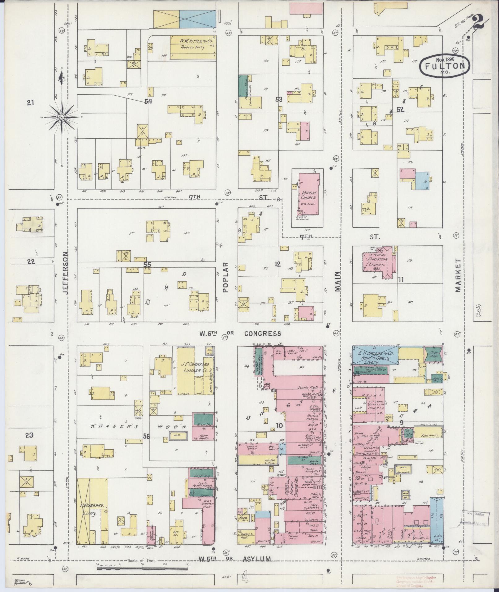 Sanborn Fire Insurance Map from Fulton, Callaway County, Missouri (1895), Sheet #0002 - Historic Sanborn Fire Insurance Map Print, vintage old map wall art, antique decor, genealogy gift, Missouri Missouri map