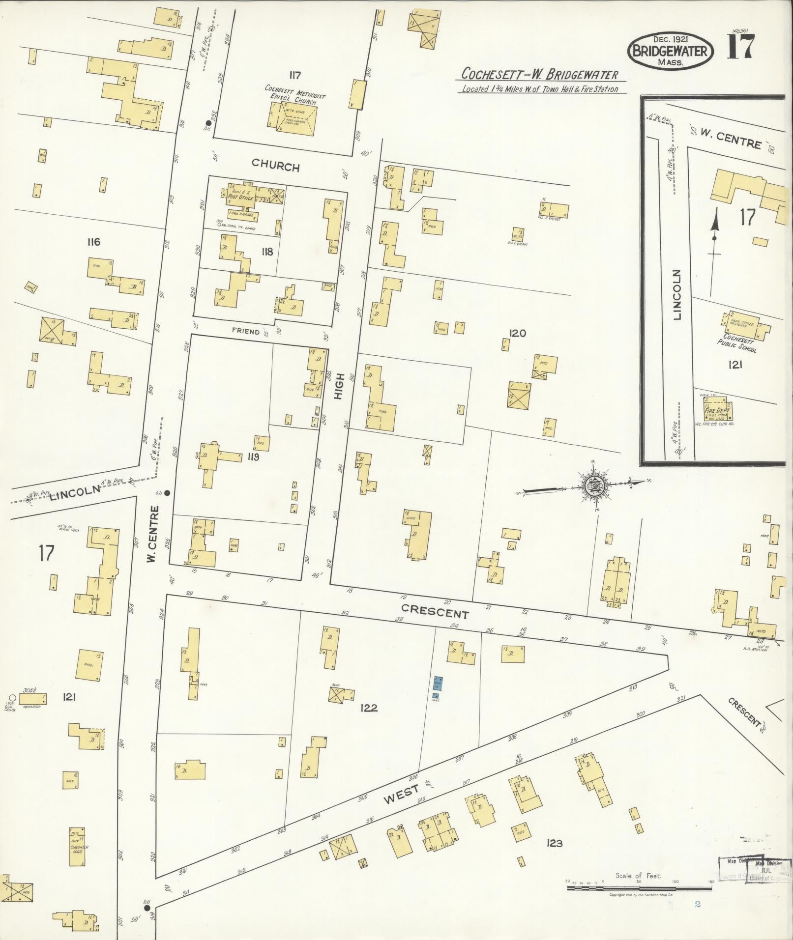 Sanborn Fire Insurance Map from Bridgewater, Plymouth County, Massachusetts (1921), Sheet #0017 - Historic Sanborn Fire Insurance Map Print, vintage old map wall art, antique decor, genealogy gift, Massachusetts Massachusetts map