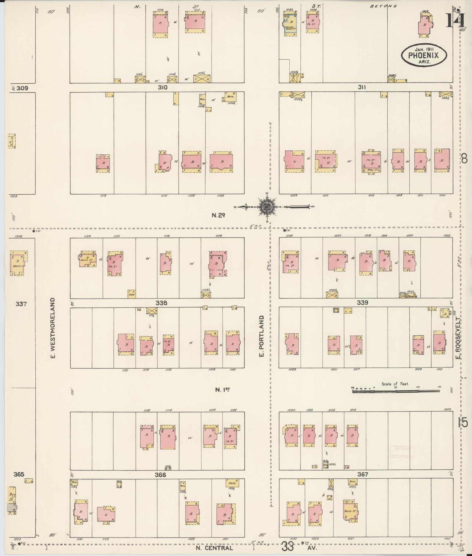 Sanborn Fire Insurance Map from Phoenix, Maricopa County, Arizona (1911), Sheet #0014 - Complete Map Set gallery image, historic Sanborn map, vintage wall art, Arizona Arizona