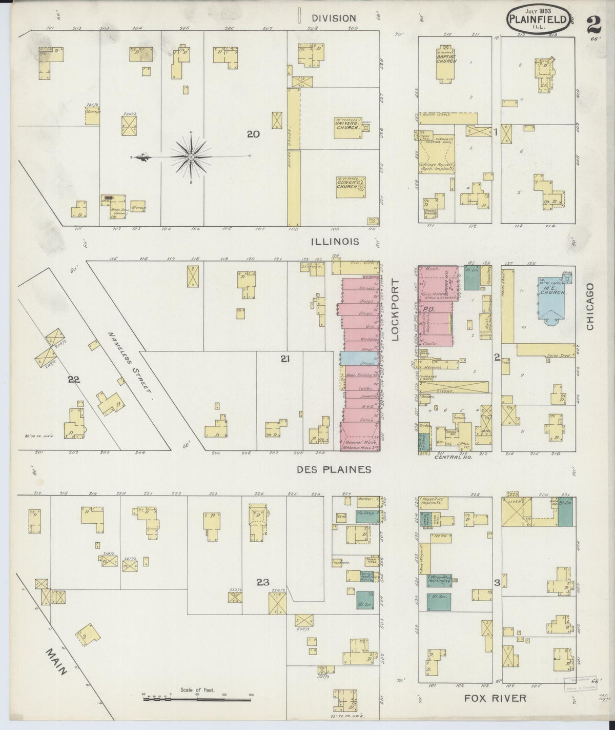 Sanborn Fire Insurance Map from Plainfield, Will County, Illinois (1893), Sheet #0002 - Complete Map Set gallery image, historic Sanborn map, vintage wall art, Illinois Illinois