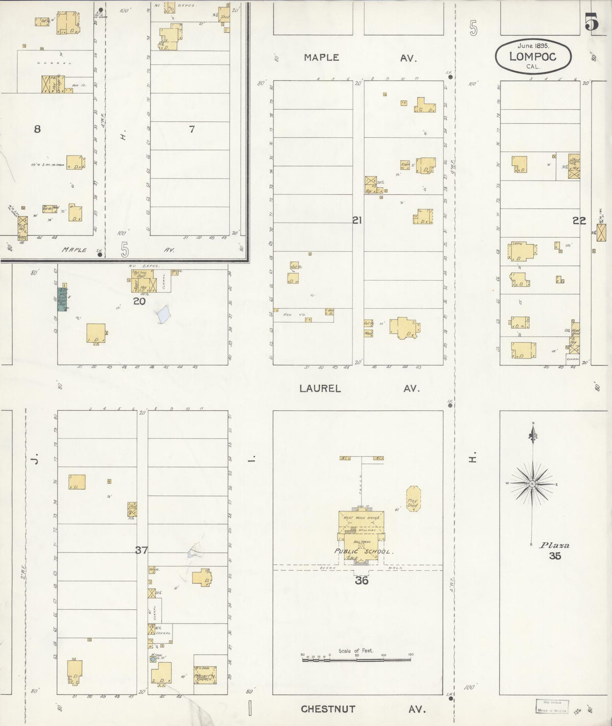 Sanborn Fire Insurance Map from Lompoc, Santa Barbara County, California (1895), Sheet #0005 - Complete Map Set gallery image, historic Sanborn map, vintage wall art, California California