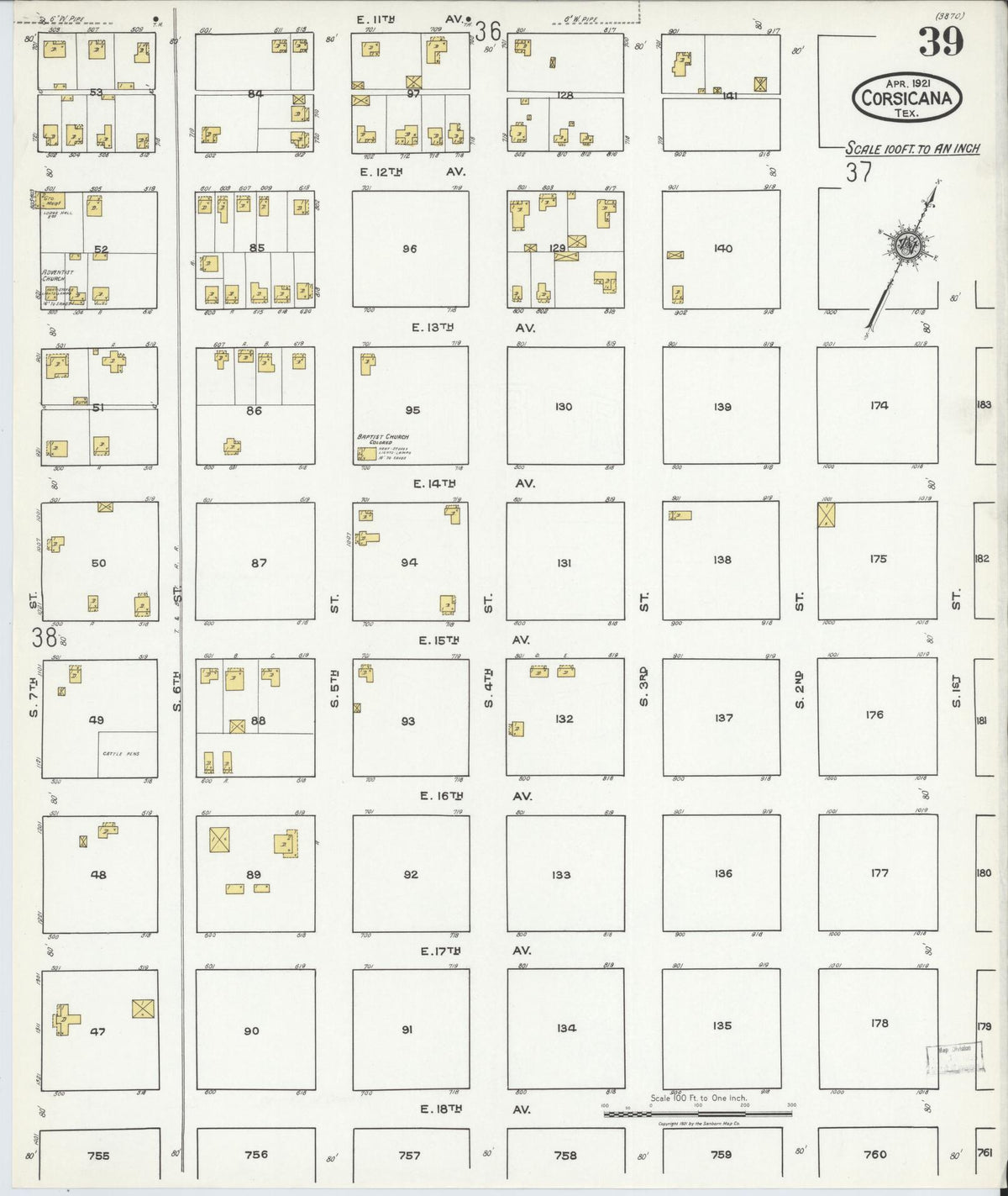 Sanborn Fire Insurance Map from Corsicana, Navarro County, Texas (1921), Sheet #0039 - Complete Map Set gallery image, historic Sanborn map, vintage wall art, Texas Texas
