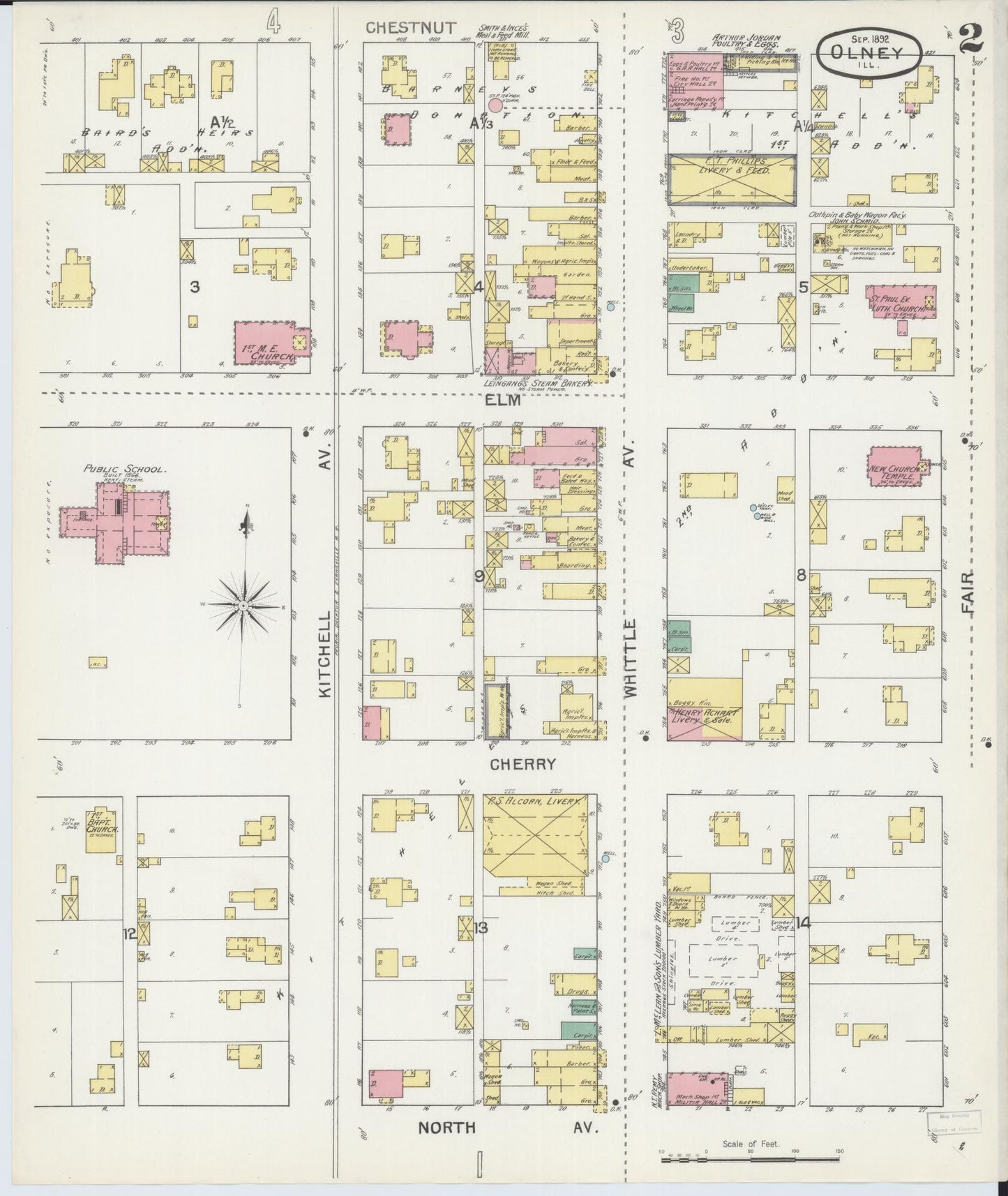 Sanborn Fire Insurance Map from Olney, Richland County, Illinois (1892), Sheet #0002 - Complete Map Set gallery image, historic Sanborn map, vintage wall art, Illinois Illinois