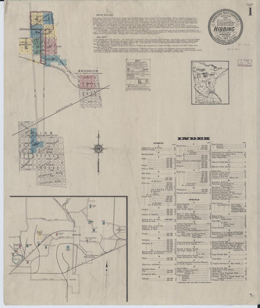 Sanborn Fire Insurance Map from Hibbing, Saint Louis County, Minnesota (1913), Sheet #0001 - Historic Sanborn Fire Insurance Map Print, vintage old map wall art, antique decor, genealogy gift, Minnesota Minnesota map