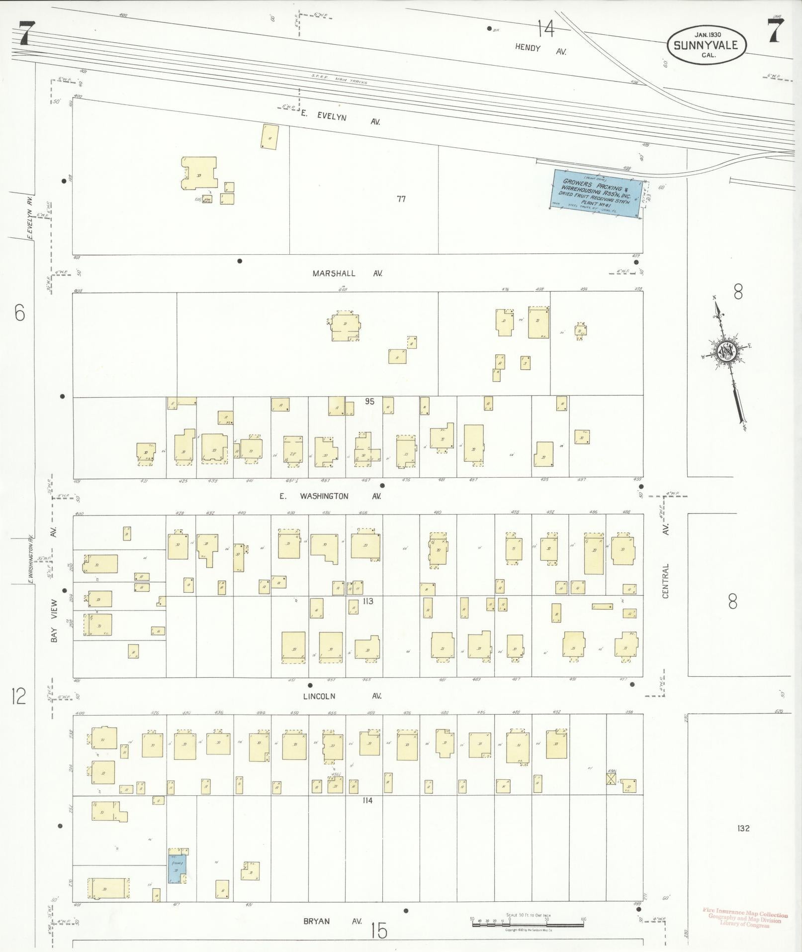 Sanborn Fire Insurance Map from Sunnyvale, Santa Clara County, California (1930), Sheet #0007 - Complete Map Set gallery image, historic Sanborn map, vintage wall art, California California