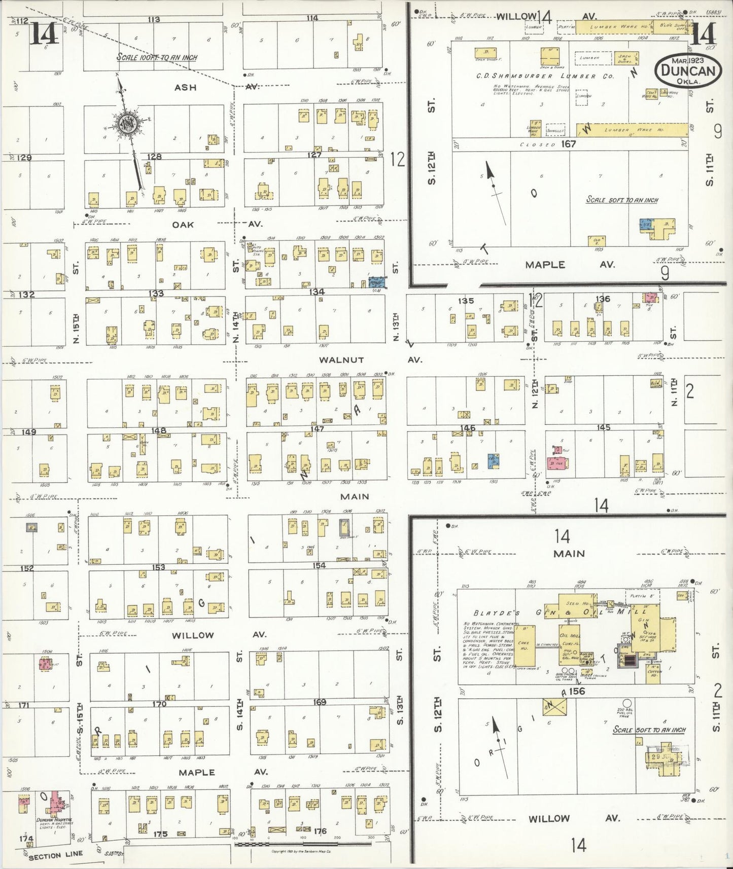 Sanborn Fire Insurance Map from Duncan, Stephens County, Oklahoma (1923), Sheet #0014 - Complete Map Set gallery image, historic Sanborn map, vintage wall art, Oklahoma Oklahoma
