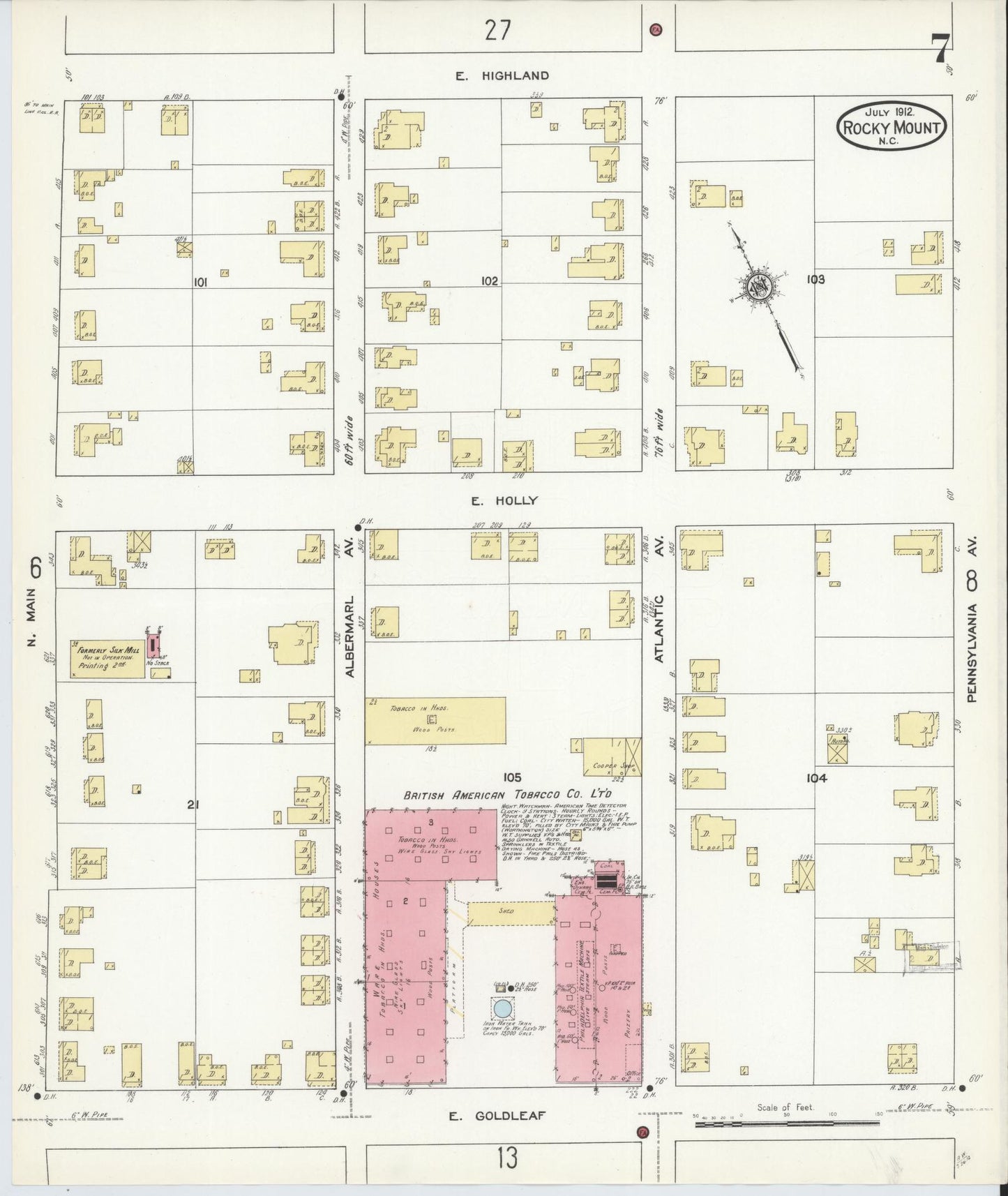 Sanborn Fire Insurance Map from Rocky Mount, Edgecombe And Nash Counties, North Carolina (1912), Sheet #0007 - Historic Sanborn Fire Insurance Map Print, vintage old map wall art, antique decor, genealogy gift, North Carolina North Carolina map