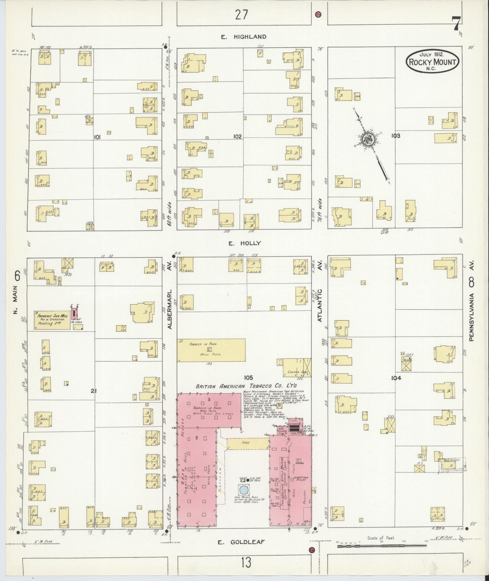 Sanborn Fire Insurance Map from Rocky Mount, Edgecombe And Nash Counties, North Carolina (1912), Sheet #0007 - Historic Sanborn Fire Insurance Map Print, vintage old map wall art, antique decor, genealogy gift, North Carolina North Carolina map