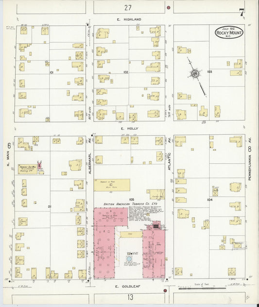 Sanborn Fire Insurance Map from Rocky Mount, Edgecombe And Nash Counties, North Carolina (1912), Sheet #0007 - Historic Sanborn Fire Insurance Map Print, vintage old map wall art, antique decor, genealogy gift, North Carolina North Carolina map