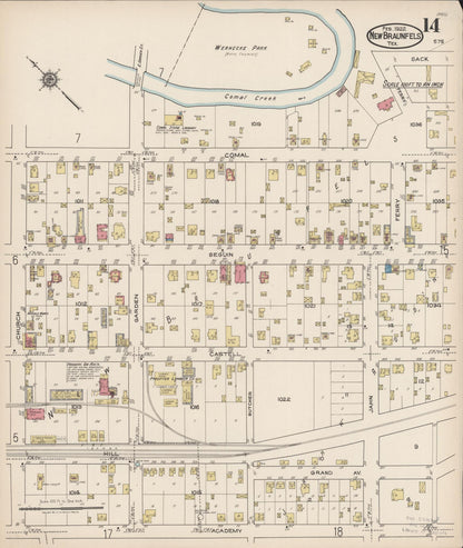 Sanborn Fire Insurance Map from New Braunfels, Comal County, Texas (1922), Sheet #0014 - Complete Map Set gallery image, historic Sanborn map, vintage wall art, Texas Texas