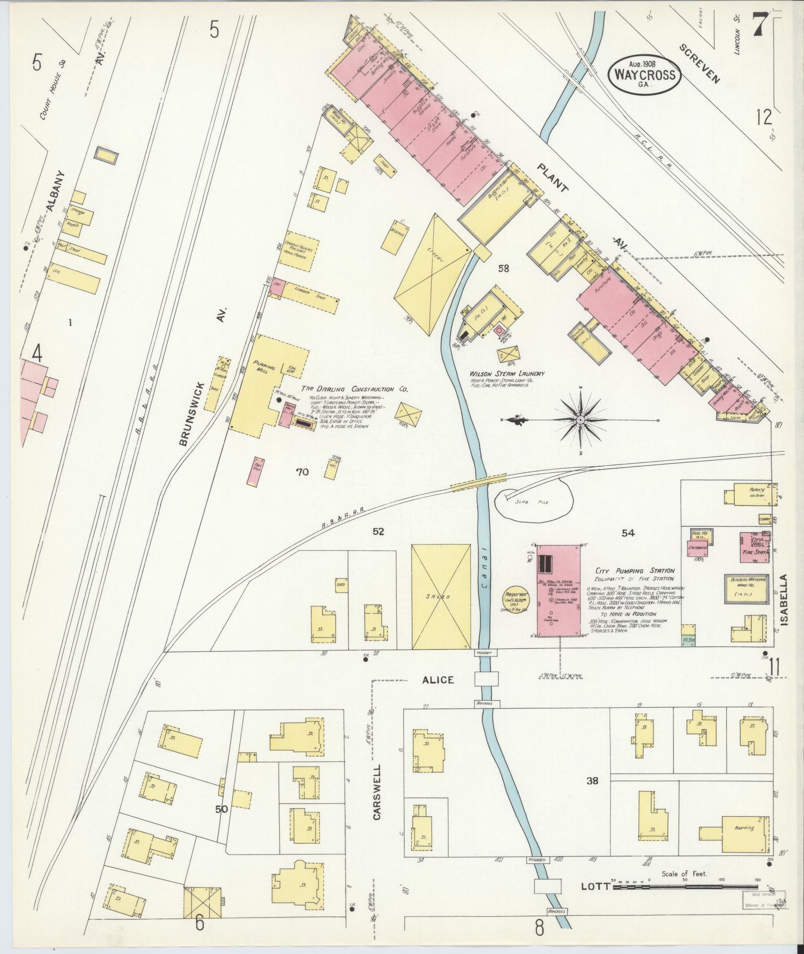 Sanborn Fire Insurance Map from Waycross, Ware County, Georgia (1908), Sheet #0007 - Complete Map Set gallery image, historic Sanborn map, vintage wall art, Georgia Georgia