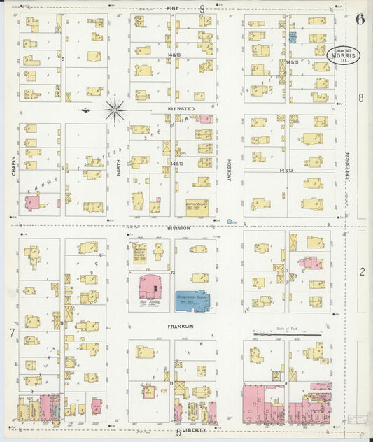 Sanborn Fire Insurance Map from Morris, Grundy County, Illinois (1907), Sheet #0006 - Historic Sanborn Fire Insurance Map Print, vintage old map wall art, antique decor, genealogy gift, Illinois Illinois map