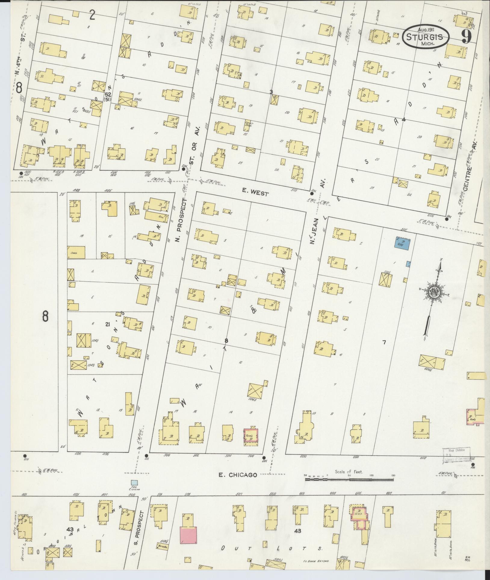 Sanborn Fire Insurance Map from Sturgis, Saint Joseph County, Michigan (1911), Sheet #0009 - Historic Sanborn Fire Insurance Map Print, vintage old map wall art, antique decor, genealogy gift, Michigan Michigan map