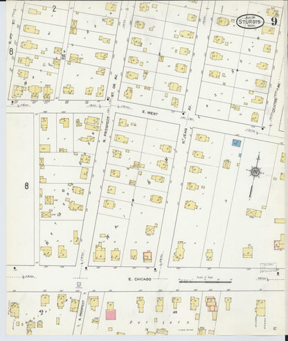 Sanborn Fire Insurance Map from Sturgis, Saint Joseph County, Michigan (1911), Sheet #0009 - Historic Sanborn Fire Insurance Map Print, vintage old map wall art, antique decor, genealogy gift, Michigan Michigan map