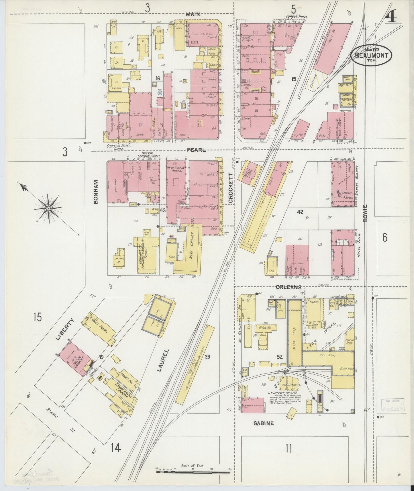 Sanborn Fire Insurance Map from Beaumont, Jefferson County, Texas (1902), Sheet #0004 - Historic Sanborn Fire Insurance Map Print, vintage old map wall art, antique decor, genealogy gift, Texas Texas map