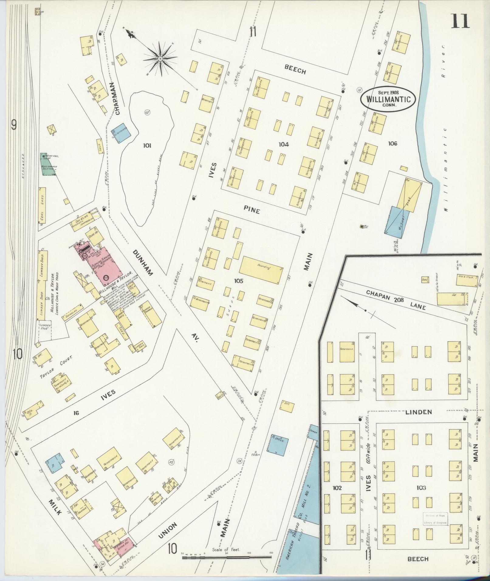 Sanborn Fire Insurance Map from Willimantic, Windham County, Connecticut (1908), Sheet #0011 - Complete Map Set gallery image, historic Sanborn map, vintage wall art, Connecticut Connecticut