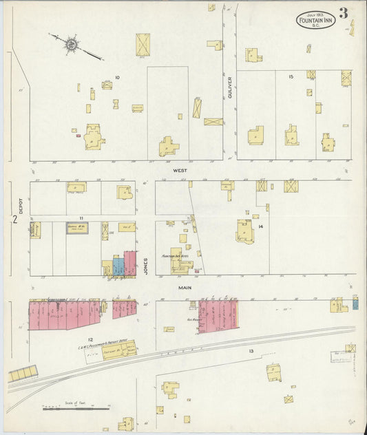Sanborn Fire Insurance Map from Fountain Inn, Greenville And Laurens County, South Carolina (1913), Sheet #0003 - Historic Sanborn Fire Insurance Map Print, vintage old map wall art, antique decor, genealogy gift, South Carolina South Carolina map