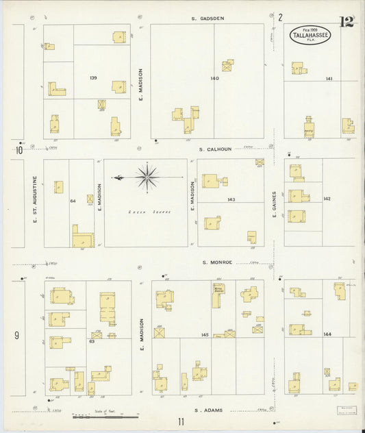 Sanborn Fire Insurance Map from Tallahassee, Leon County, Florida (1909), Sheet #0012 - Historic Sanborn Fire Insurance Map Print, vintage old map wall art, antique decor, genealogy gift, Florida Florida map