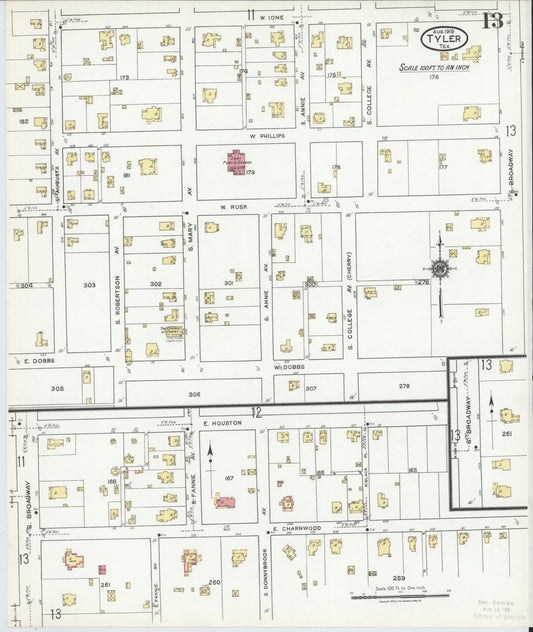Sanborn Fire Insurance Map from Tyler, Smith County, Texas (1919), Sheet #0013 - Historic Sanborn Fire Insurance Map Print, vintage old map wall art, antique decor, genealogy gift, Texas Texas map