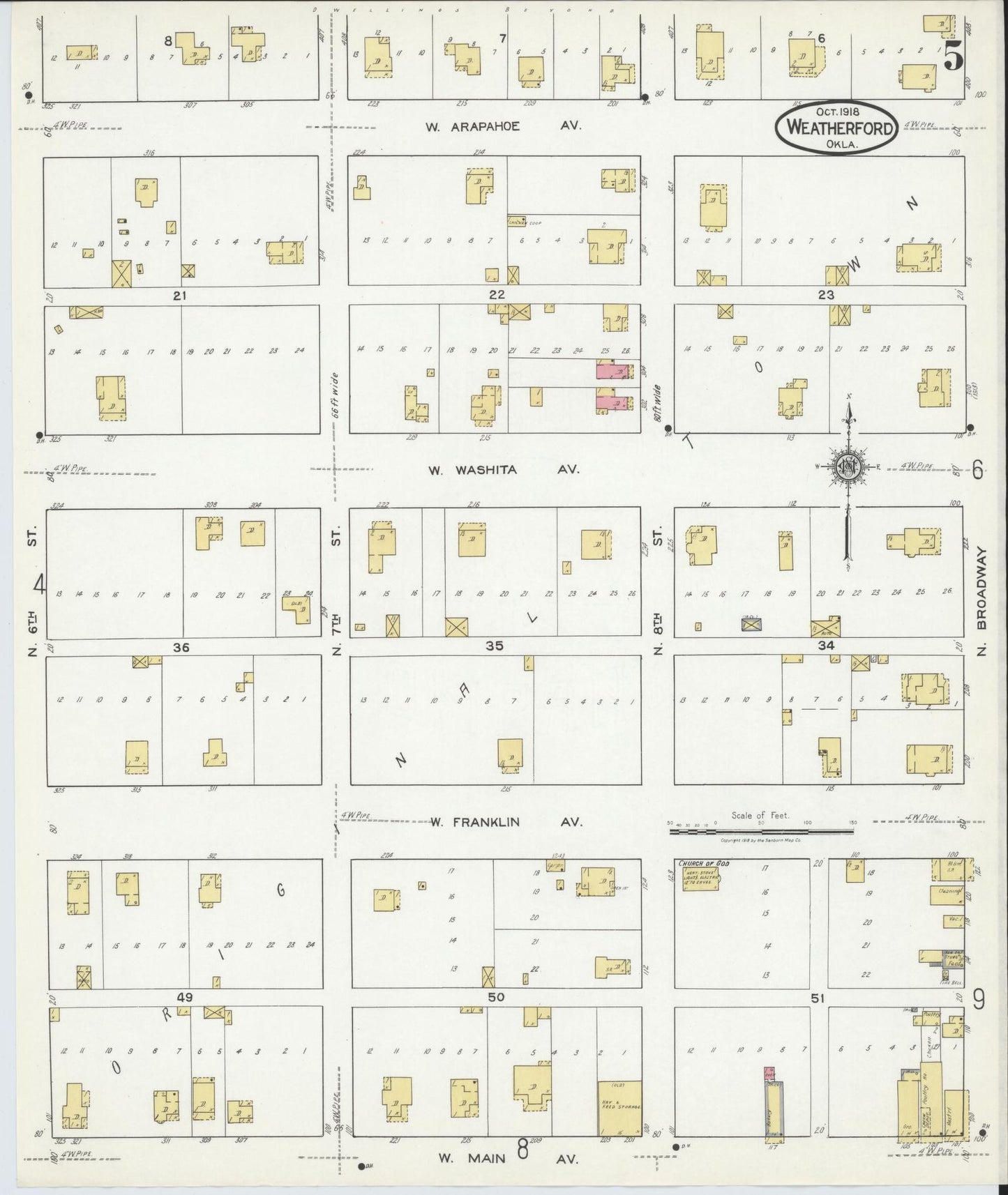 Sanborn Fire Insurance Map from Weatherford, Custer County, Oklahoma (1918), Sheet #0005 - Complete Map Set gallery image, historic Sanborn map, vintage wall art, Oklahoma Oklahoma