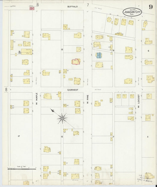 Sanborn Fire Insurance Map from Johnson City, Washington County, Tennessee (1908), Sheet #0009 - Historic Sanborn Fire Insurance Map Print, vintage old map wall art, antique decor, genealogy gift, Tennessee Tennessee map