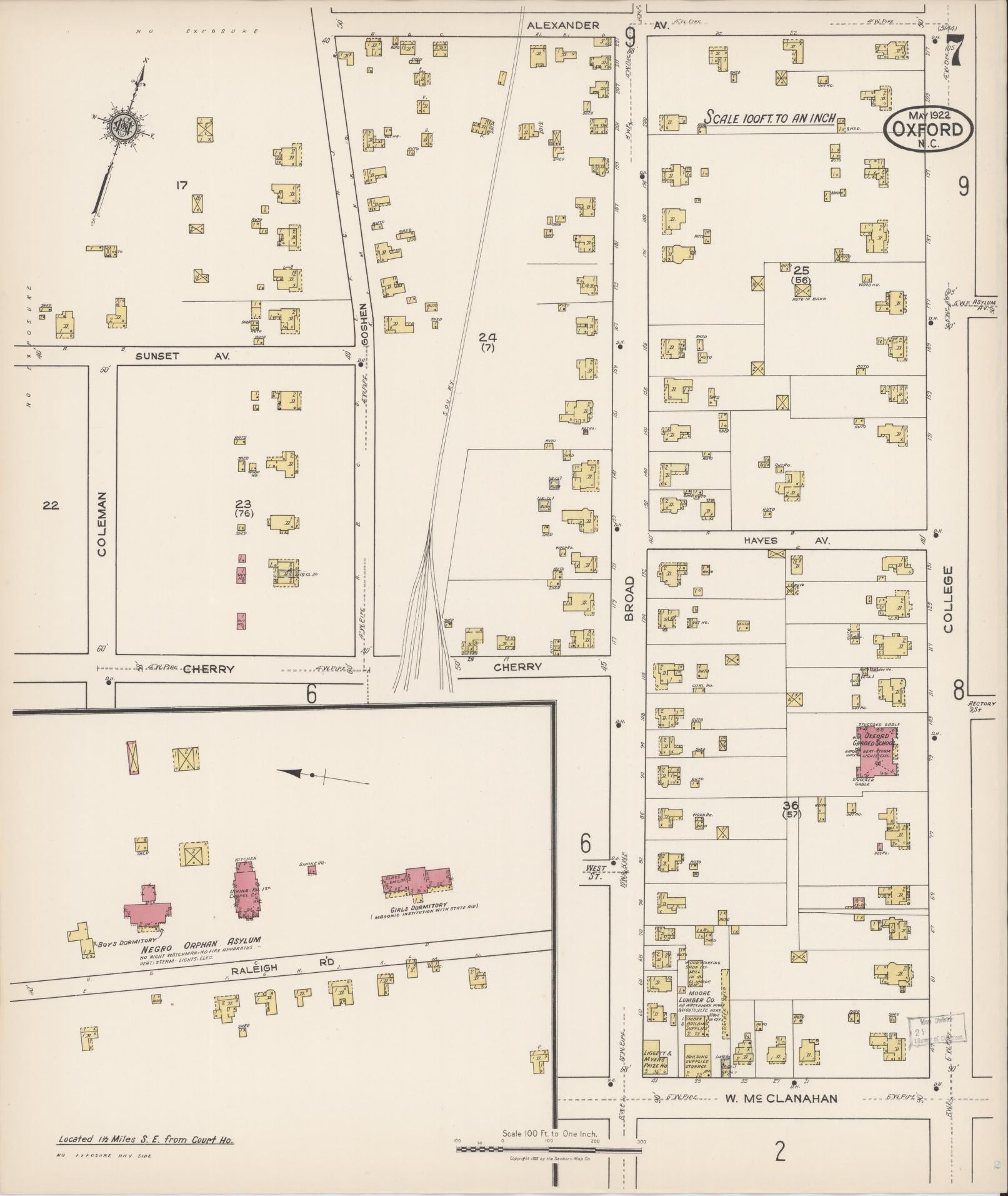Sanborn Fire Insurance Map from Oxford, Granville County, North Carolina (1922), Sheet #0007 - Complete Map Set gallery image, historic Sanborn map, vintage wall art, North Carolina North Carolina