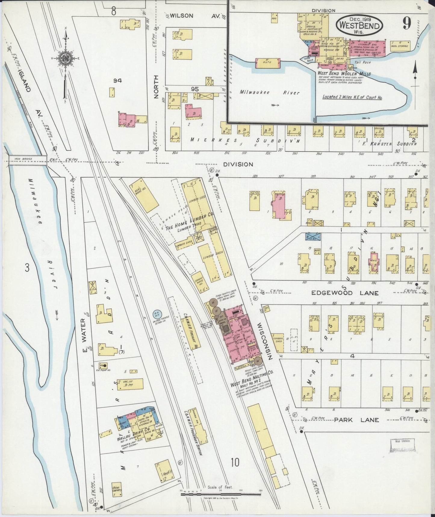 Sanborn Fire Insurance Map from West Bend, Washington County, Wisconsin (1919), Sheet #0009 - Historic Sanborn Fire Insurance Map Print, vintage old map wall art, antique decor, genealogy gift, Wisconsin Wisconsin map