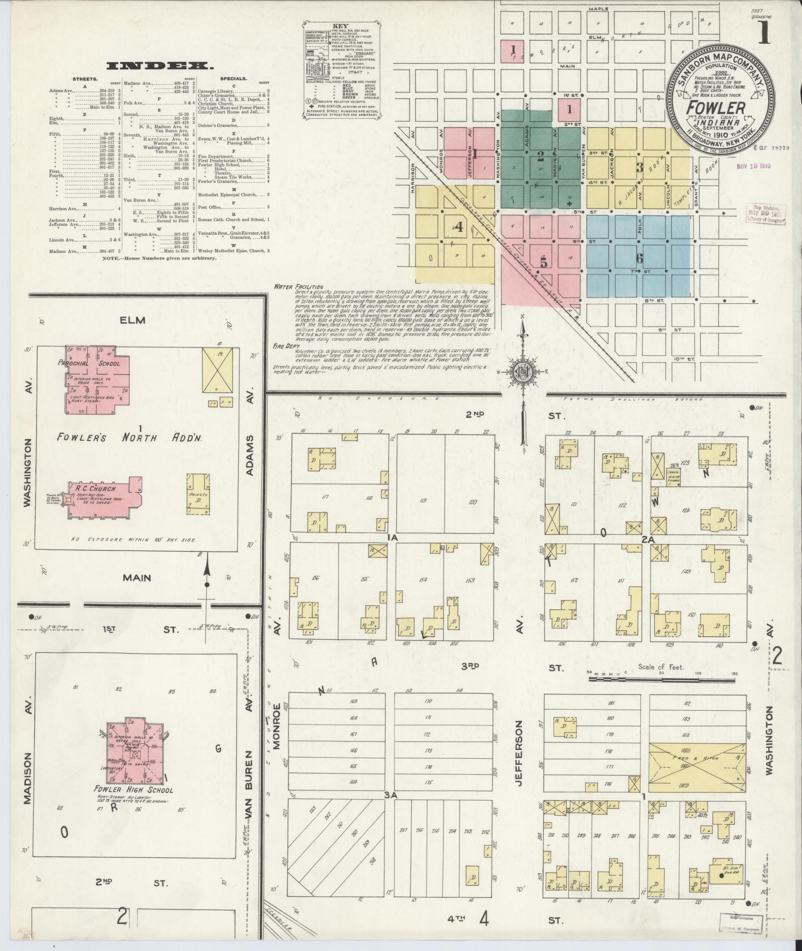 Sanborn Fire Insurance Map from Fowler, Benton County, Indiana (1910), Sheet #0001 - Historic Sanborn Fire Insurance Map Print, vintage old map wall art, antique decor, genealogy gift, Indiana Indiana map