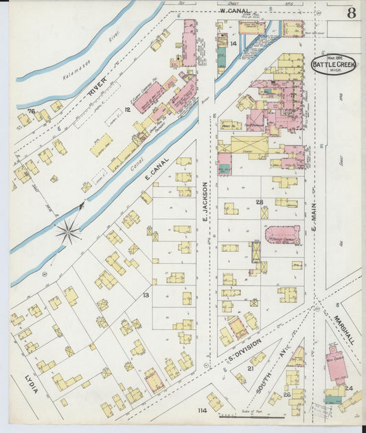 Sanborn Fire Insurance Map from Battle Creek, Calhoun County, Michigan (1892), Sheet #0008 - Historic Sanborn Fire Insurance Map Print, vintage old map wall art, antique decor, genealogy gift, Michigan Michigan map