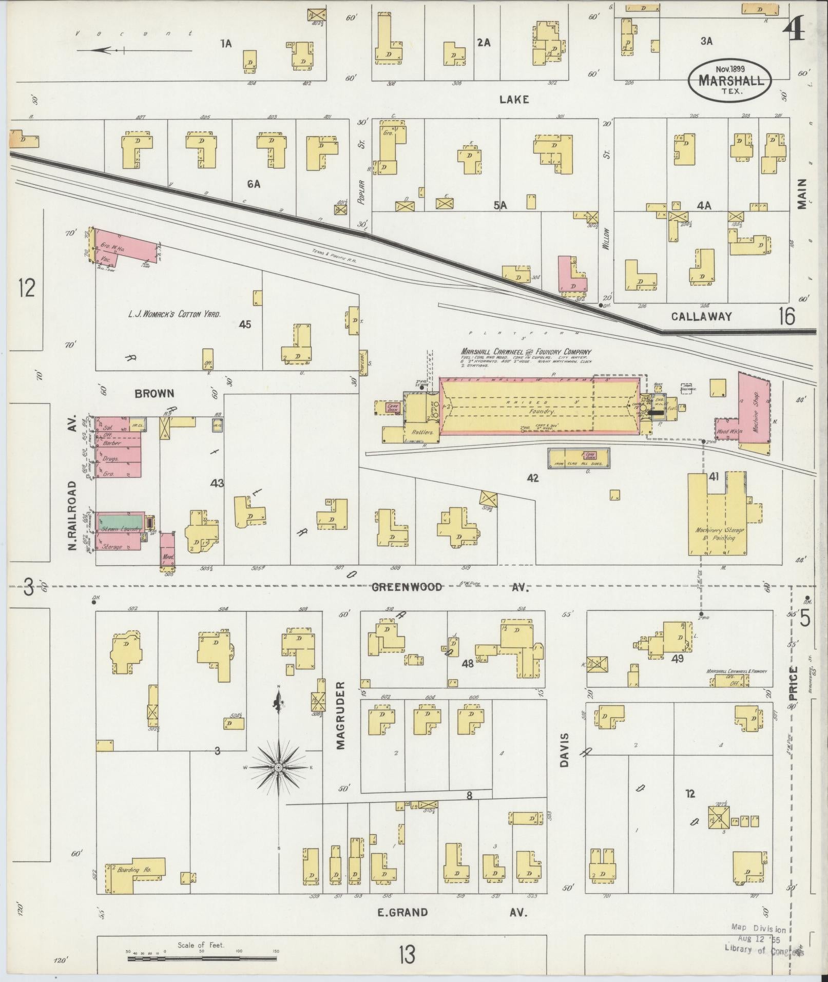 Sanborn Fire Insurance Map from Marshall, Harrison County, Texas (1899), Sheet #0004 - Complete Map Set gallery image, historic Sanborn map, vintage wall art, Texas Texas
