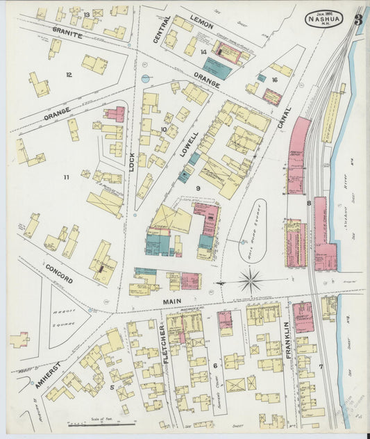 Sanborn Fire Insurance Map from Nashua, Hillsborough County, New Hampshire (1892), Sheet #0003 - Historic Sanborn Fire Insurance Map Print, vintage old map wall art, antique decor, genealogy gift, New Hampshire New Hampshire map