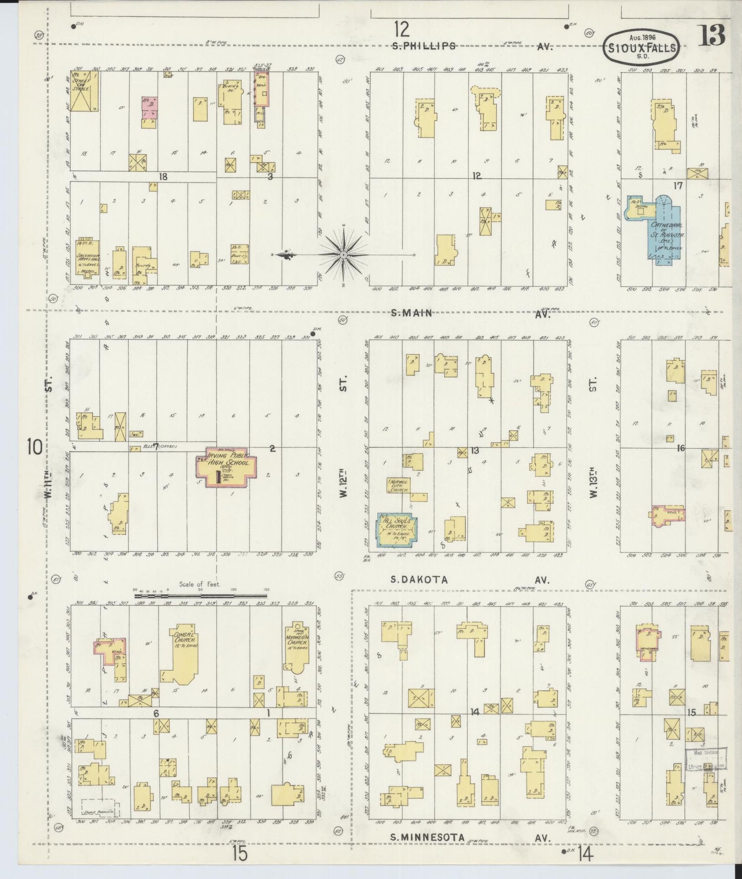 Sanborn Fire Insurance Map from Sioux Falls, Minnehaha County, South Dakota (1896), Sheet #0013 - Complete Map Set gallery image, historic Sanborn map, vintage wall art, South Dakota South Dakota