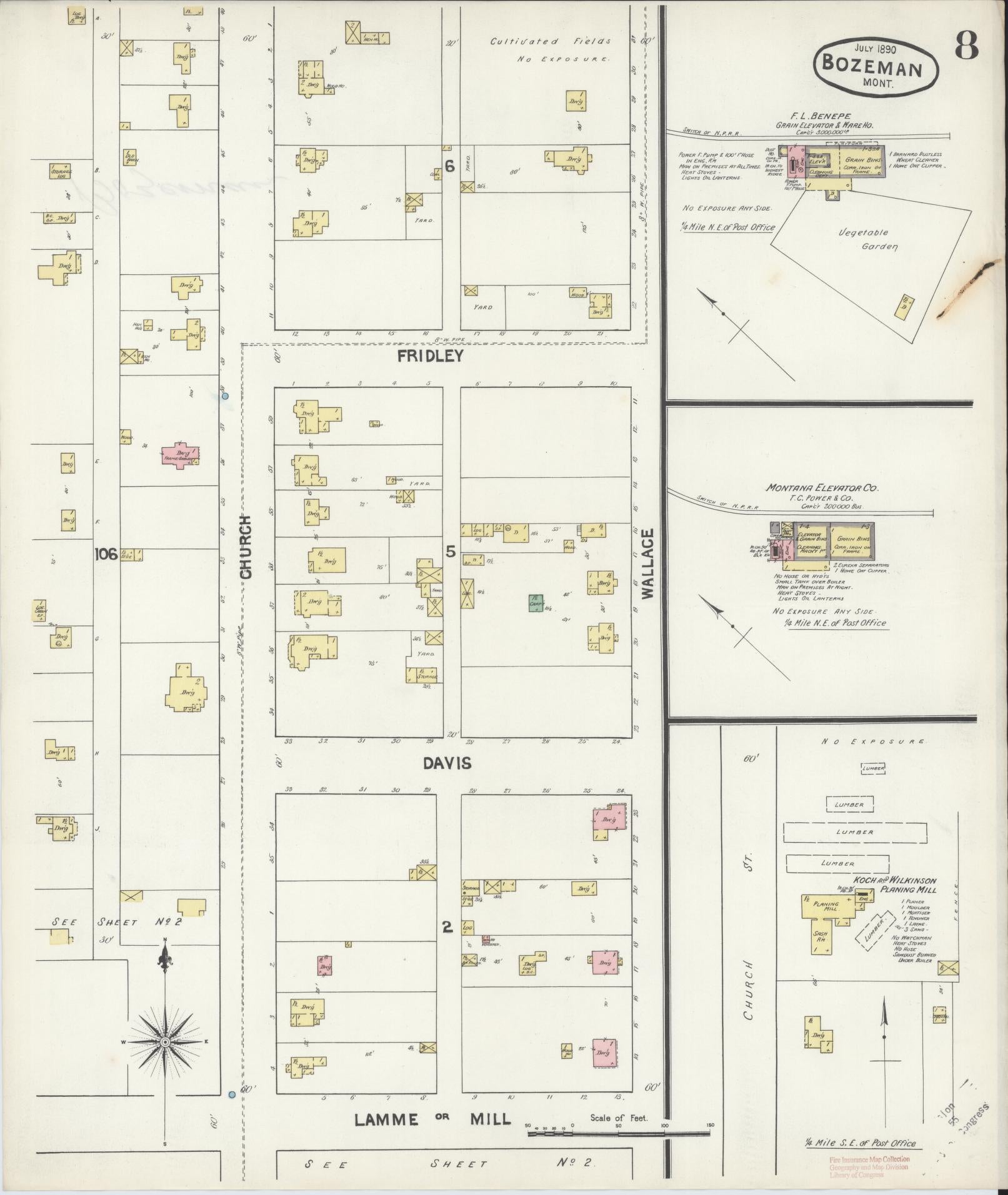 Sanborn Fire Insurance Map from Bozeman, Gallatin County, Montana (1890), Sheet #0008 - Historic Sanborn Fire Insurance Map Print, vintage old map wall art, antique decor, genealogy gift, Montana Montana map