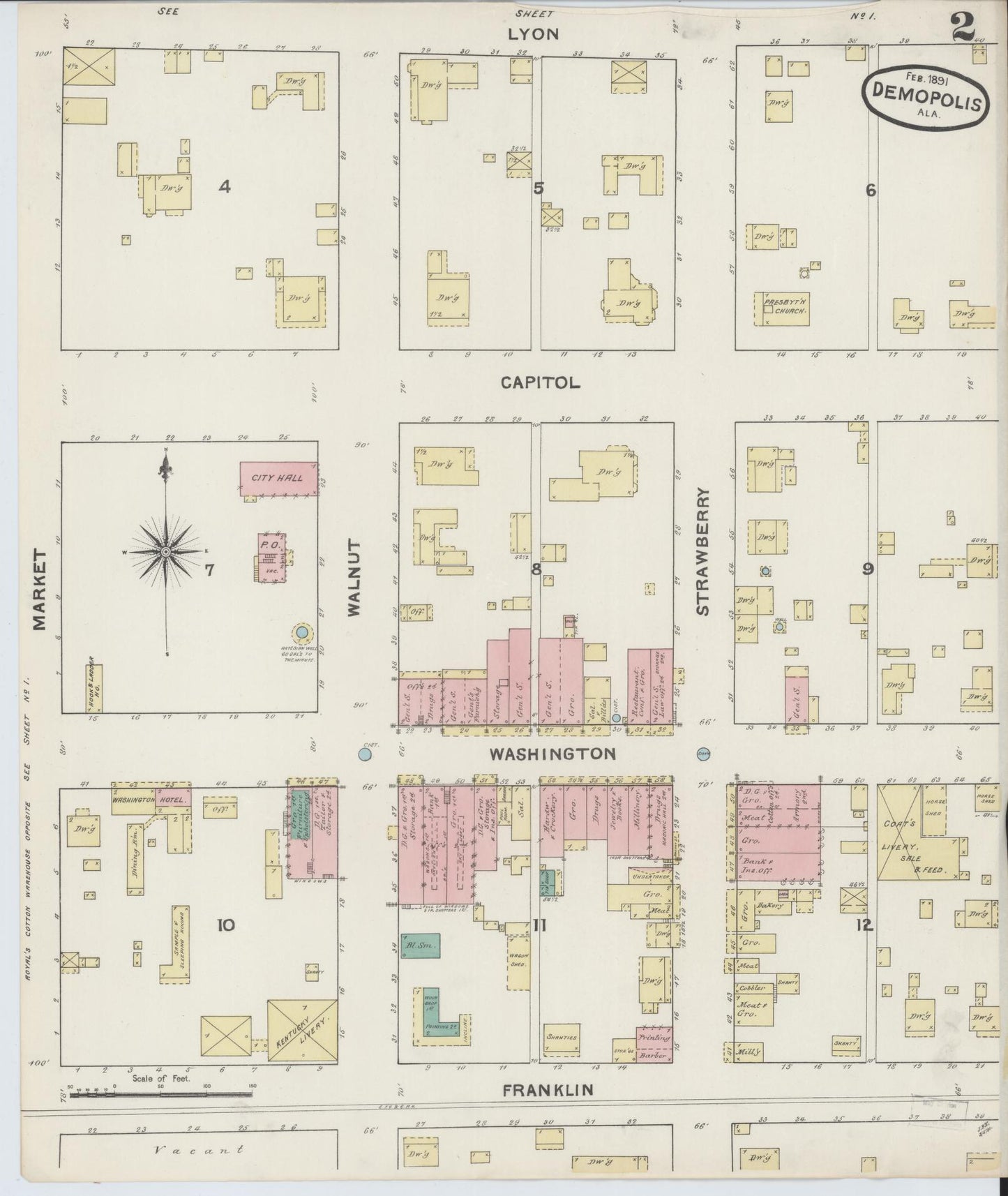 Sanborn Fire Insurance Map from Demopolis, Marengo County, Alabama (1891), Sheet #0002 - Complete Map Set gallery image, historic Sanborn map, vintage wall art, Alabama Alabama