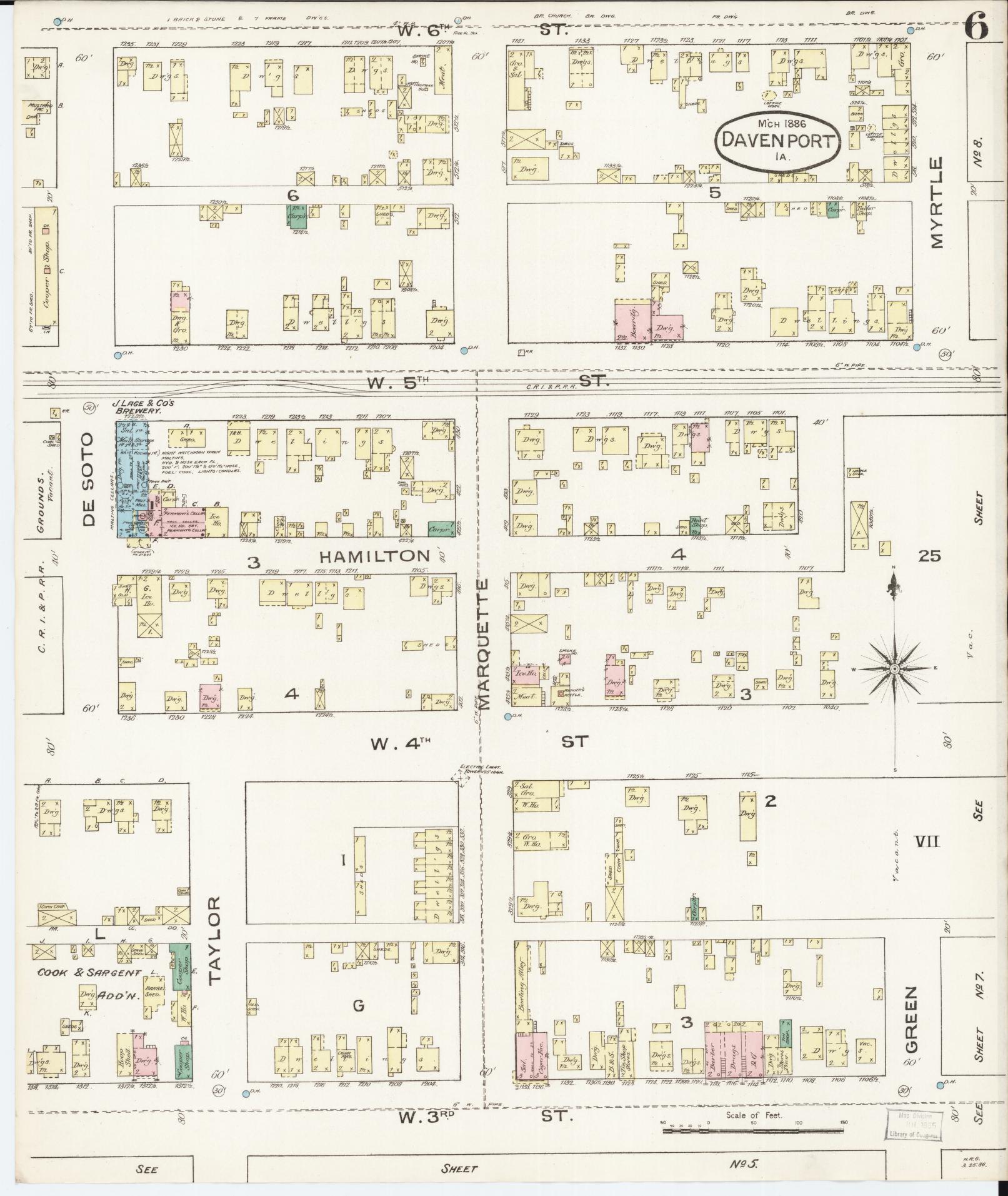 Sanborn Fire Insurance Map from Davenport, Scott County, Iowa (1886), Sheet #0006 - Historic Sanborn Fire Insurance Map Print, vintage old map wall art