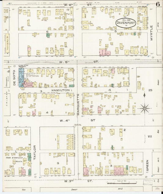 Sanborn Fire Insurance Map from Davenport, Scott County, Iowa (1886), Sheet #0006 - Historic Sanborn Fire Insurance Map Print, vintage old map wall art