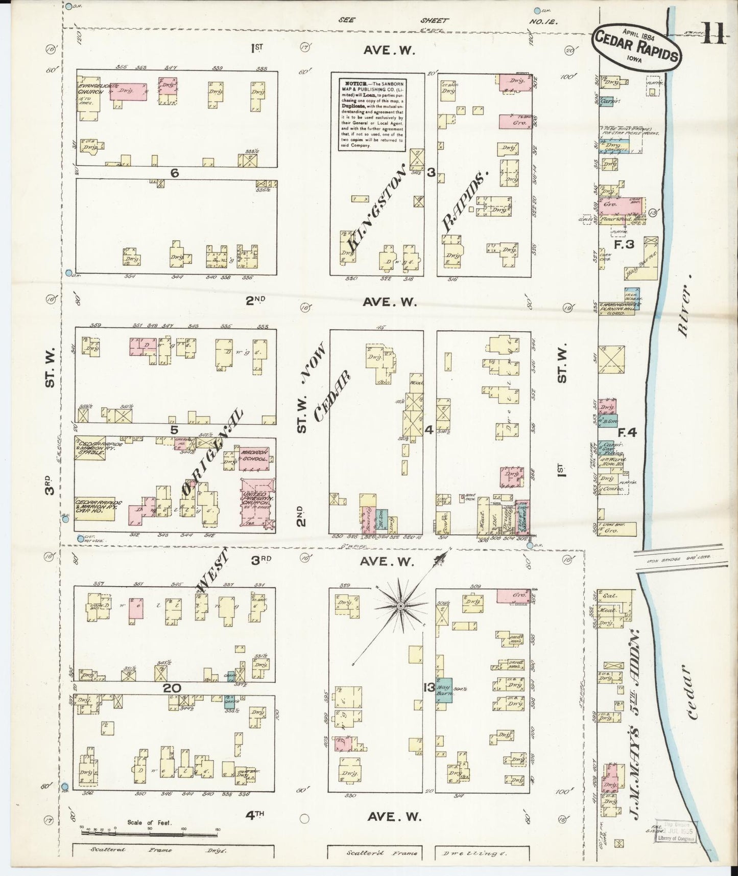Sanborn Fire Insurance Map from Cedar Rapids, Linn County, Iowa (1884), Sheet #0011 - Historic Sanborn Fire Insurance Map Print, vintage old map wall art